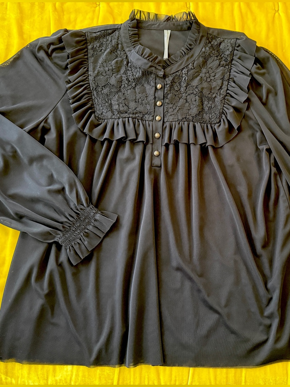 Anthropologie Black Ruffled Lace Yoke Pullover Blouse